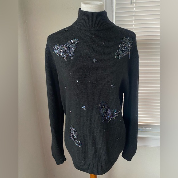 Amanda Smith Sweaters - Vtg Black Mockneck Beaded Sequin Butterfly Appliqué Sweater Cottage Coquette L